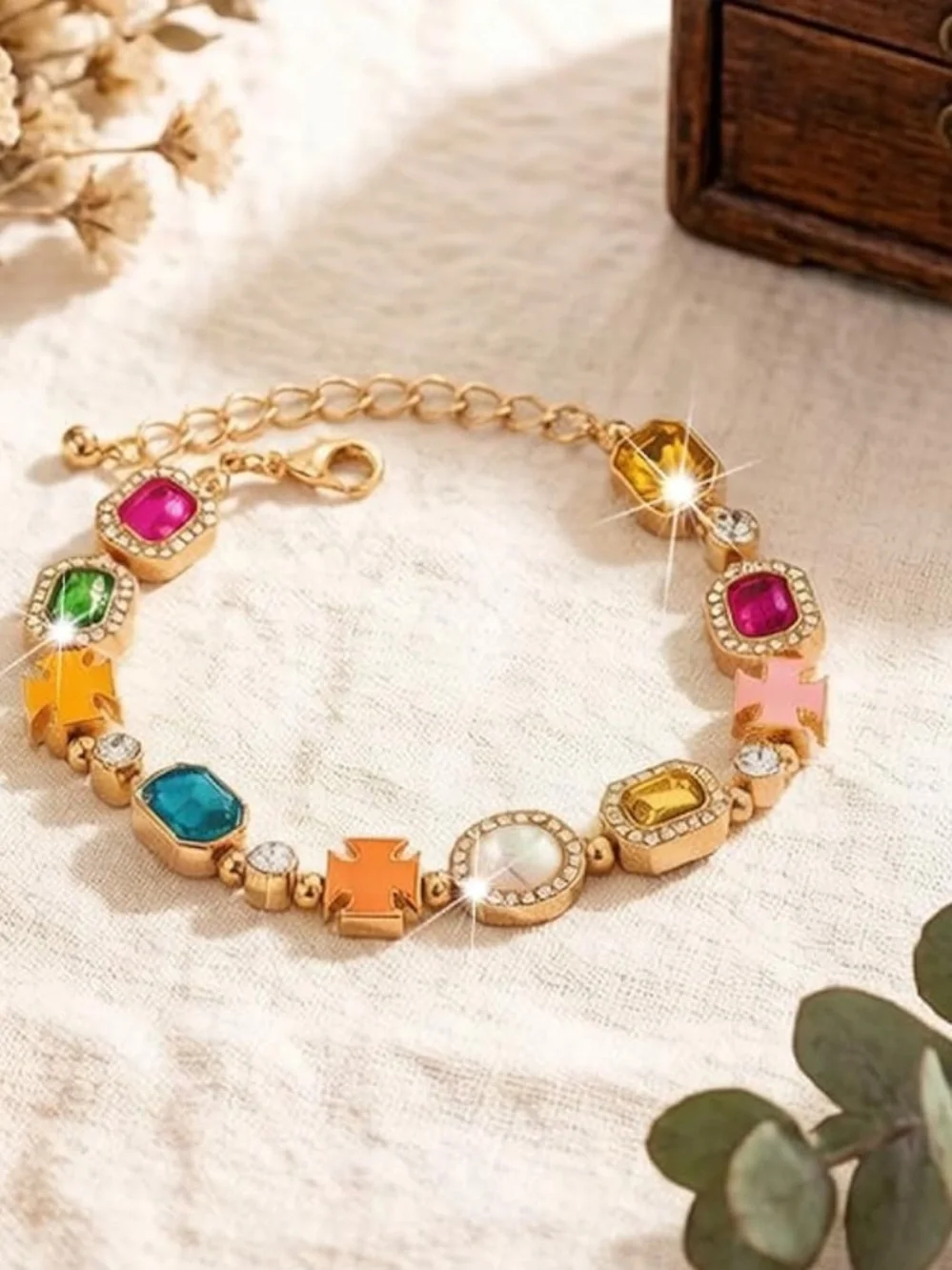 Anthropologie Gold-Tone Multicolor Gem & Cross Charm Bracelet